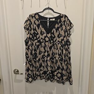 Entro 1X Mini Dress Tunic Tiered Lined Black and Tan Babydoll Flowy Party Flirty